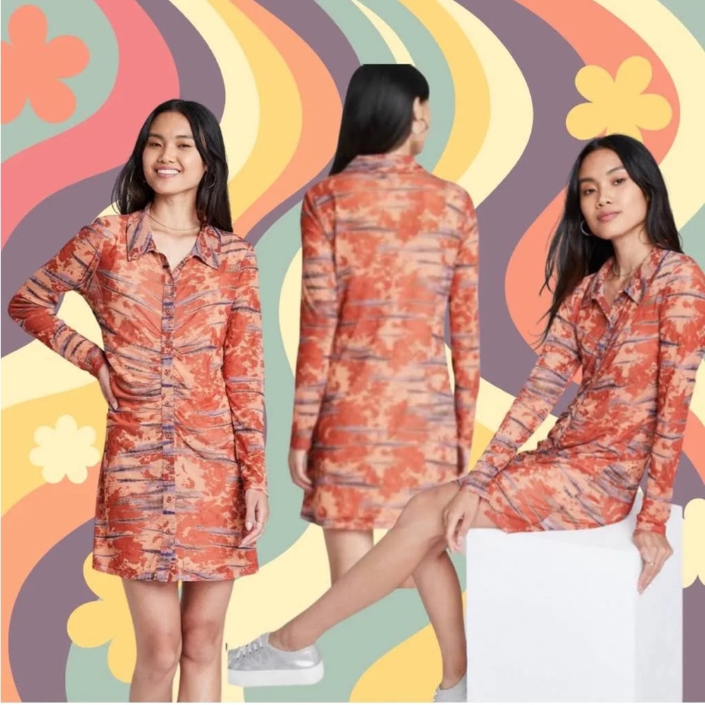 NWT Wild Fable Orange Tie Dye Tik Tok Sheer Mesh Long Sleeve Dress Size XS